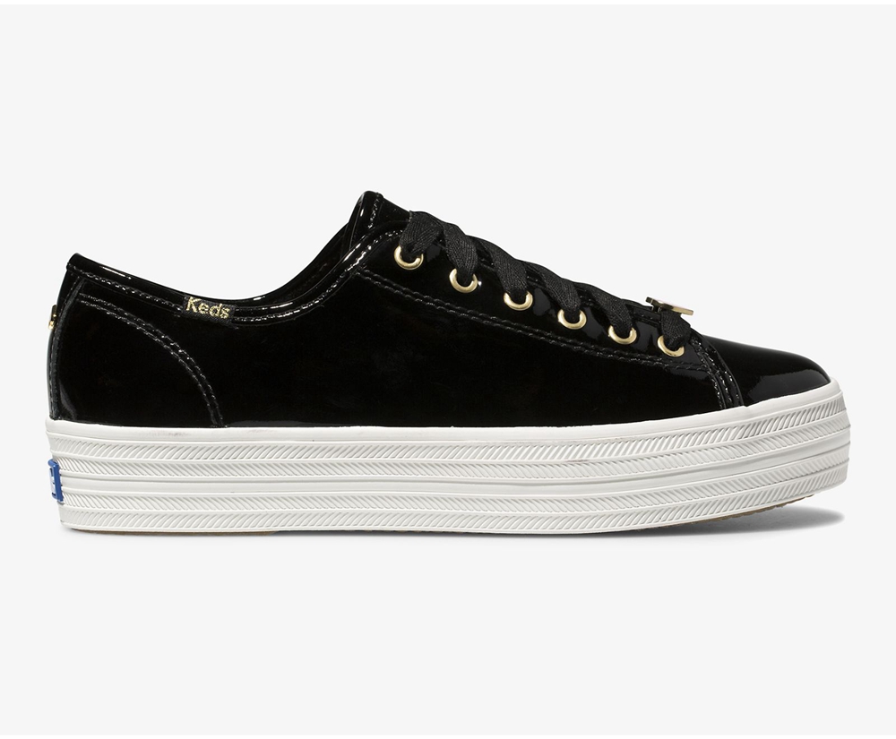 Keds Sneakers Black - Kate Spade new york Triple Kick Patent Leather - Womens YNILQW-614